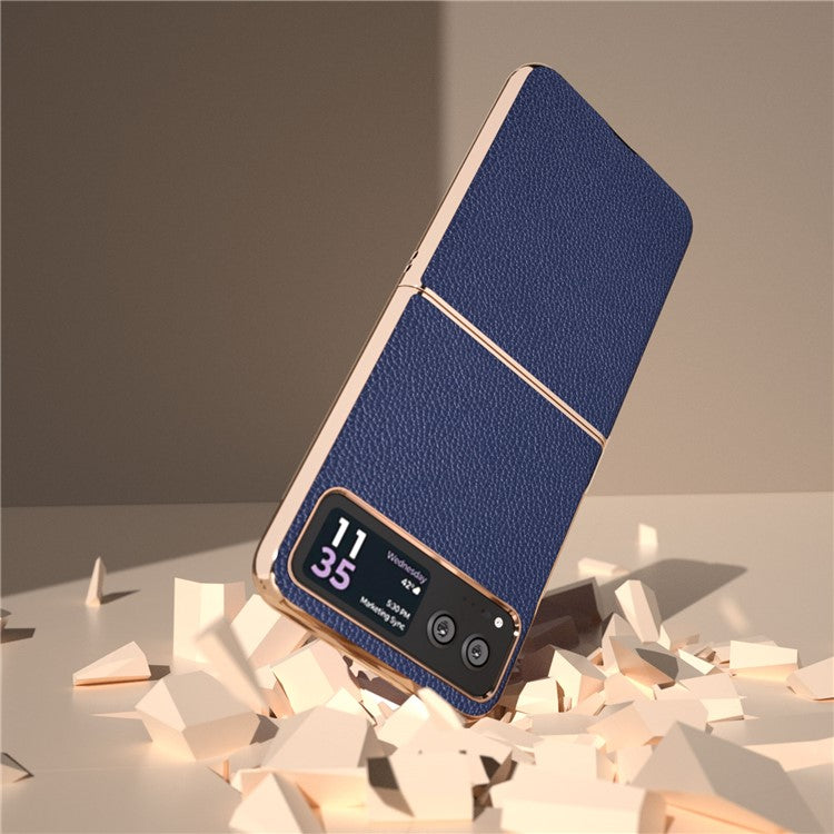 For Motorola Razr 40 5G Litchi Texture Shockproof Case Genuine Cow Leather + PC Electroplating Phone Cover - Sapphire
