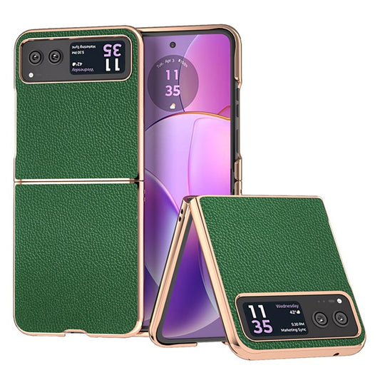 For Motorola Razr 40 5G Litchi Texture Shockproof Case Genuine Cow Leather + PC Electroplating Phone Cover - Green