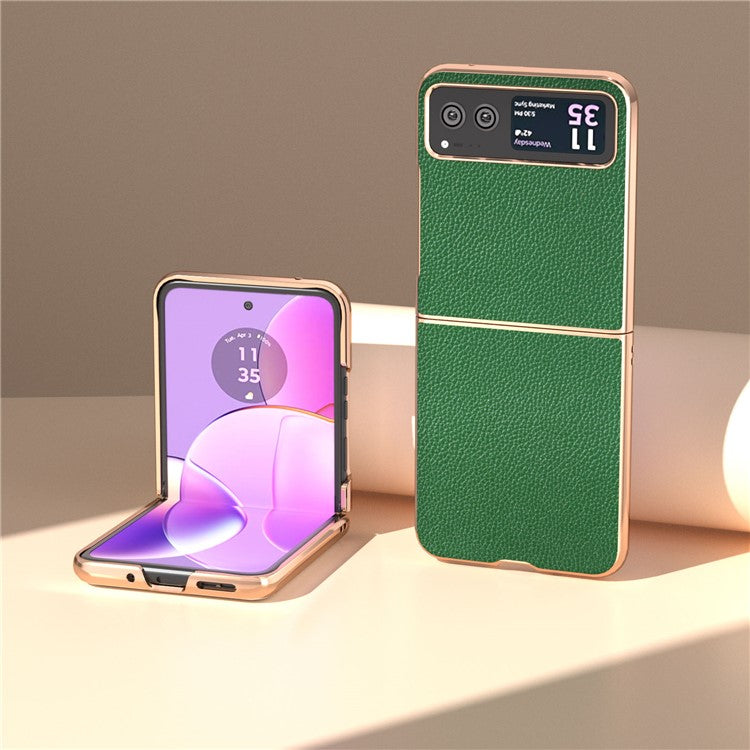 For Motorola Razr 40 5G Litchi Texture Shockproof Case Genuine Cow Leather + PC Electroplating Phone Cover - Green