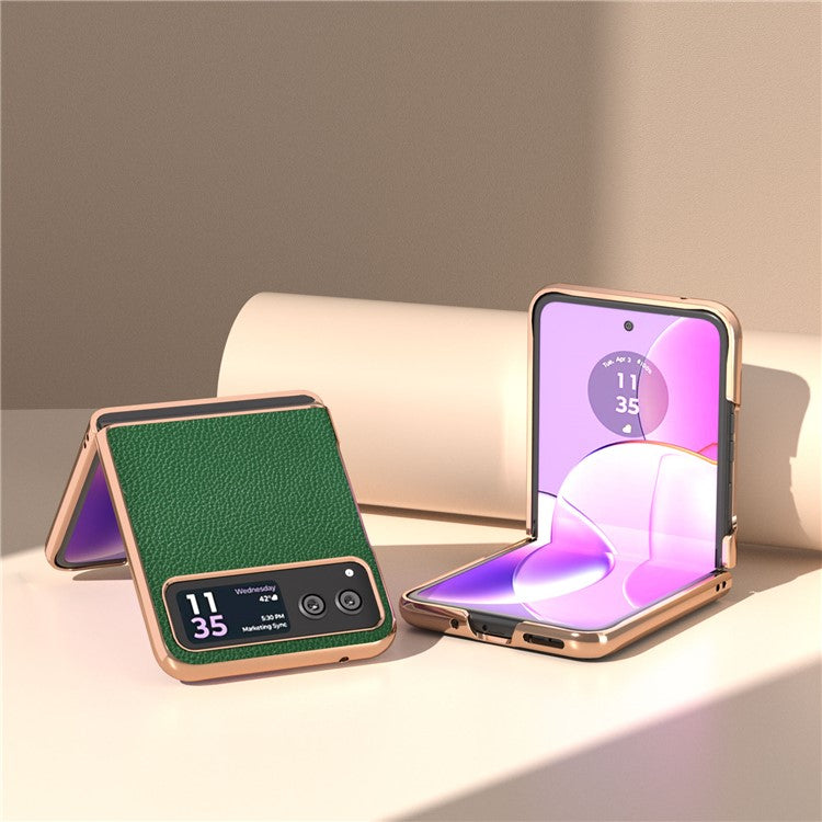For Motorola Razr 40 5G Litchi Texture Shockproof Case Genuine Cow Leather + PC Electroplating Phone Cover - Green