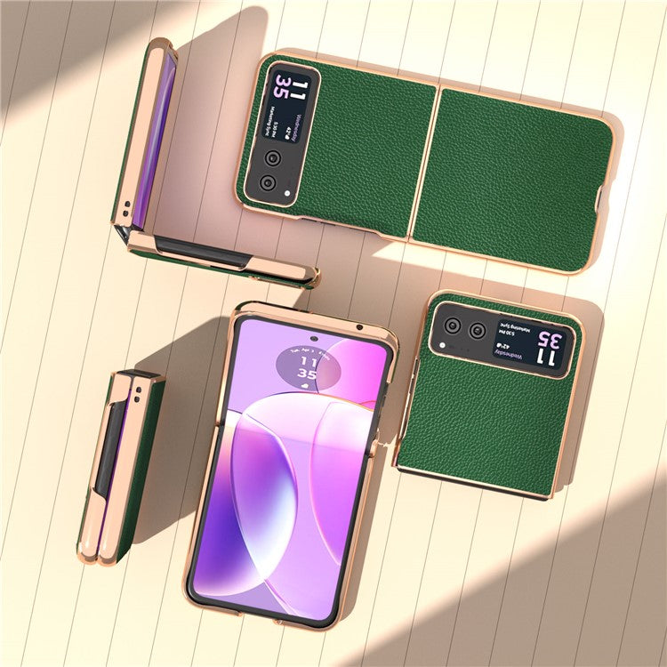 For Motorola Razr 40 5G Litchi Texture Shockproof Case Genuine Cow Leather + PC Electroplating Phone Cover - Green