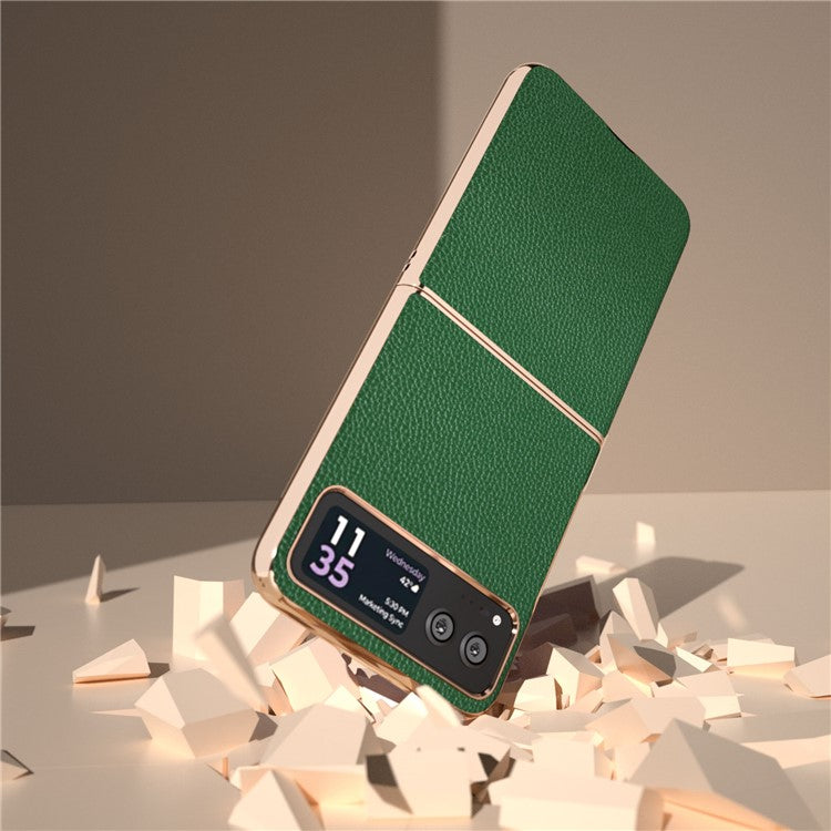 For Motorola Razr 40 5G Litchi Texture Shockproof Case Genuine Cow Leather + PC Electroplating Phone Cover - Green