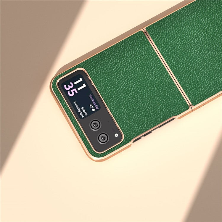 For Motorola Razr 40 5G Litchi Texture Shockproof Case Genuine Cow Leather + PC Electroplating Phone Cover - Green