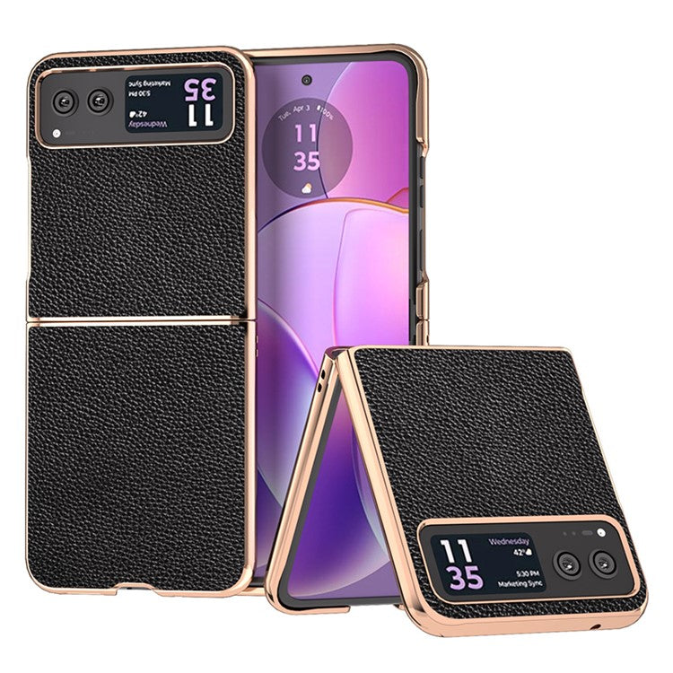 For Motorola Razr 40 5G Litchi Texture Shockproof Case Genuine Cow Leather + PC Electroplating Phone Cover - Black