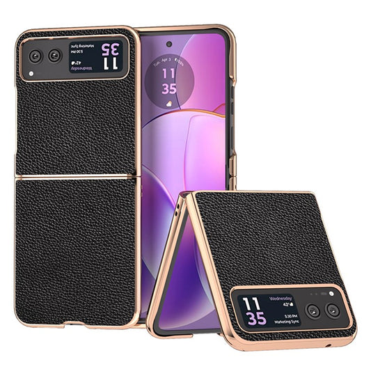 For Motorola Razr 40 5G Litchi Texture Shockproof Case Genuine Cow Leather + PC Electroplating Phone Cover - Black
