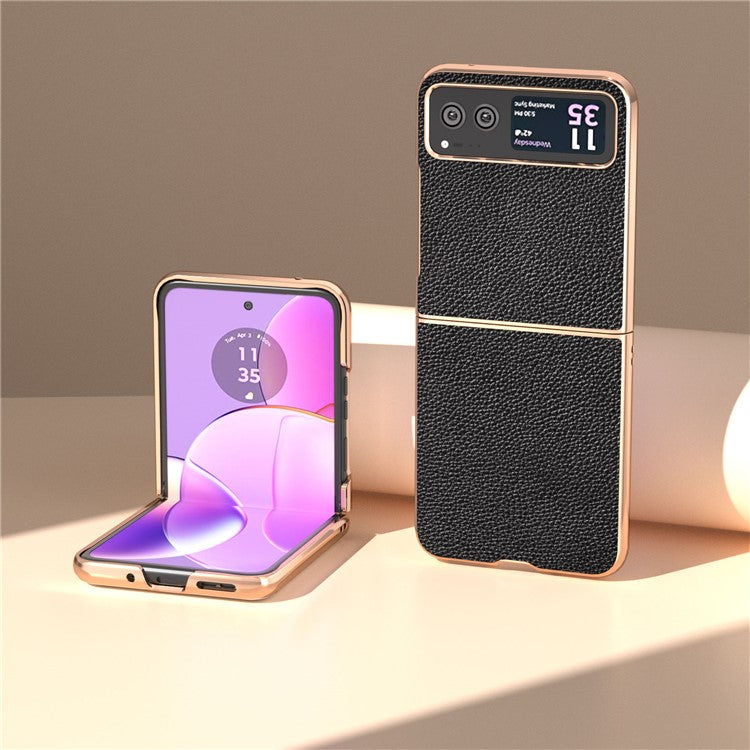 For Motorola Razr 40 5G Litchi Texture Shockproof Case Genuine Cow Leather + PC Electroplating Phone Cover - Black