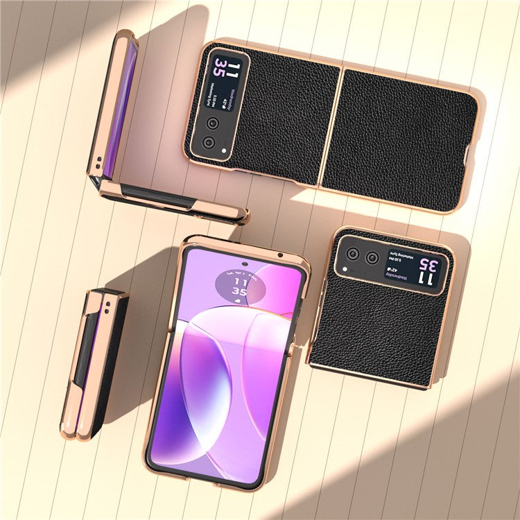 For Motorola Razr 40 5G Litchi Texture Shockproof Case Genuine Cow Leather + PC Electroplating Phone Cover - Black
