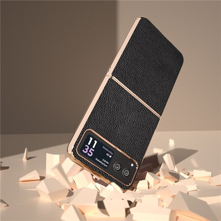 For Motorola Razr 40 5G Litchi Texture Shockproof Case Genuine Cow Leather + PC Electroplating Phone Cover - Black