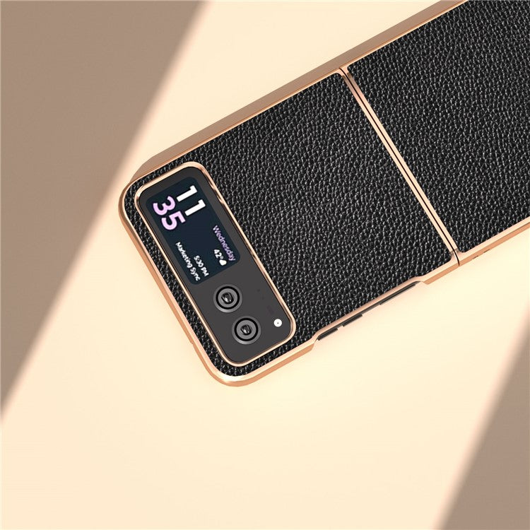 For Motorola Razr 40 5G Litchi Texture Shockproof Case Genuine Cow Leather + PC Electroplating Phone Cover - Black