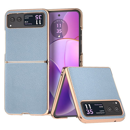 For Motorola Razr 40 5G Litchi Texture Shockproof Case Genuine Cow Leather + PC Electroplating Phone Cover - Baby Blue
