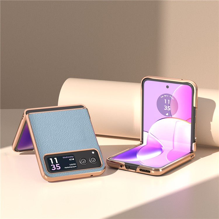 For Motorola Razr 40 5G Litchi Texture Shockproof Case Genuine Cow Leather + PC Electroplating Phone Cover - Baby Blue
