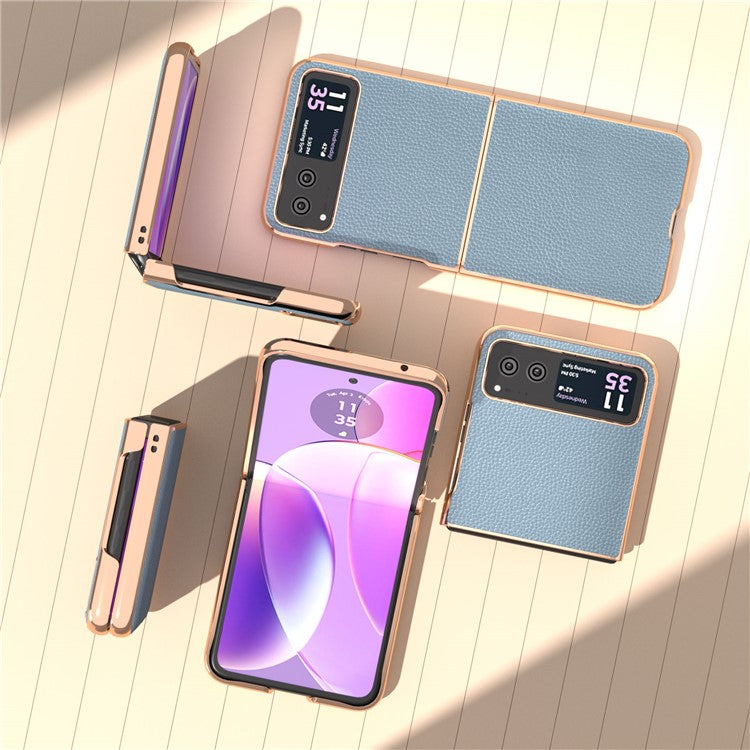 For Motorola Razr 40 5G Litchi Texture Shockproof Case Genuine Cow Leather + PC Electroplating Phone Cover - Baby Blue