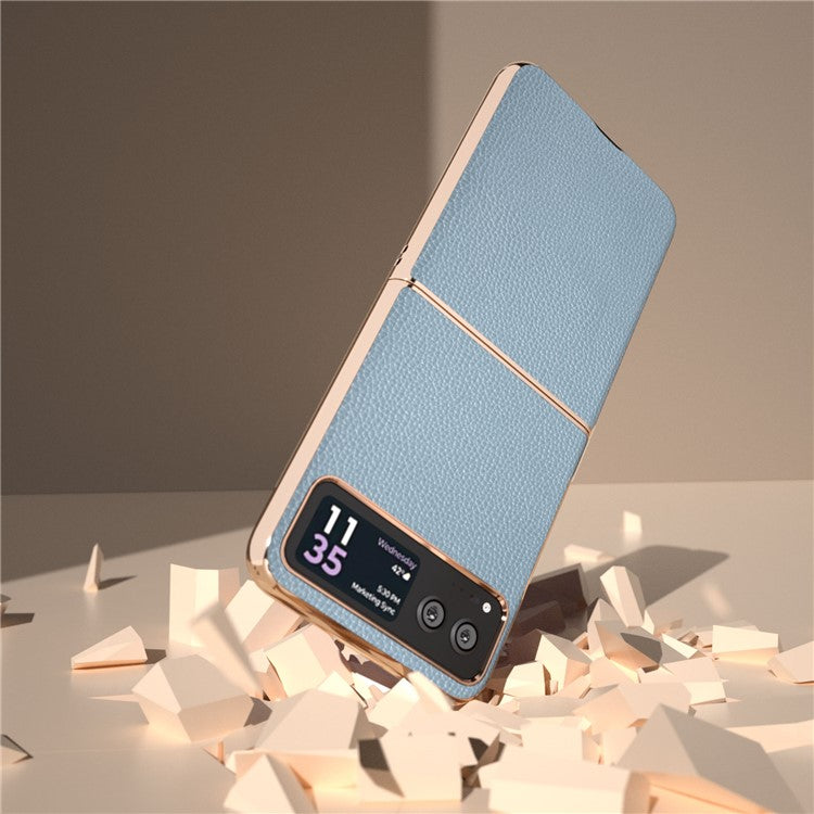 For Motorola Razr 40 5G Litchi Texture Shockproof Case Genuine Cow Leather + PC Electroplating Phone Cover - Baby Blue