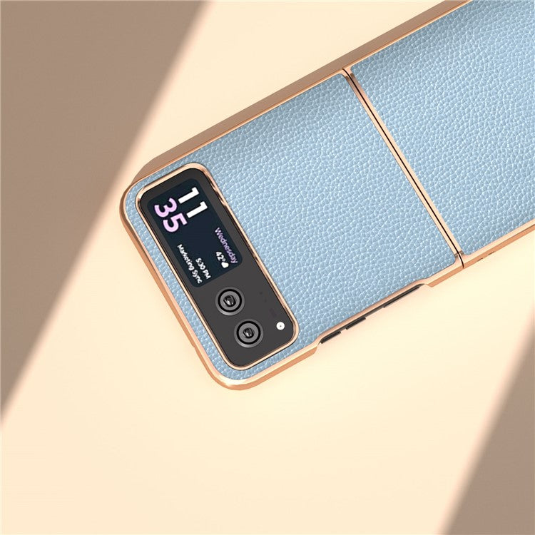 For Motorola Razr 40 5G Litchi Texture Shockproof Case Genuine Cow Leather + PC Electroplating Phone Cover - Baby Blue