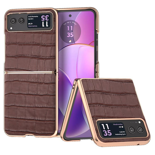Back Cover for Motorola Razr 40 5G , Crocodile Texture Genuine Cow Leather + PC Nano Electroplating Phone Case - Coffee