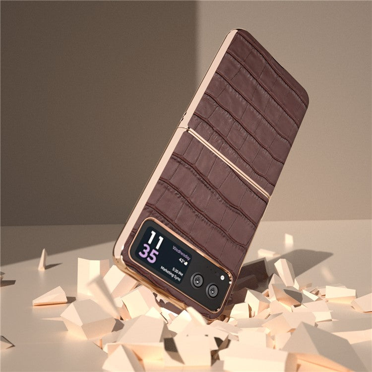 Back Cover for Motorola Razr 40 5G , Crocodile Texture Genuine Cow Leather + PC Nano Electroplating Phone Case - Coffee