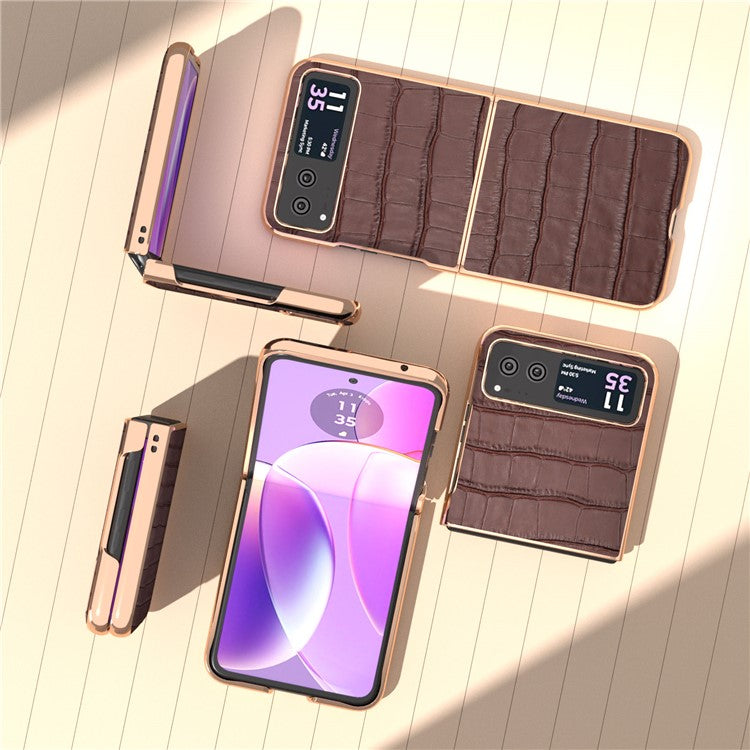 Back Cover for Motorola Razr 40 5G , Crocodile Texture Genuine Cow Leather + PC Nano Electroplating Phone Case - Coffee