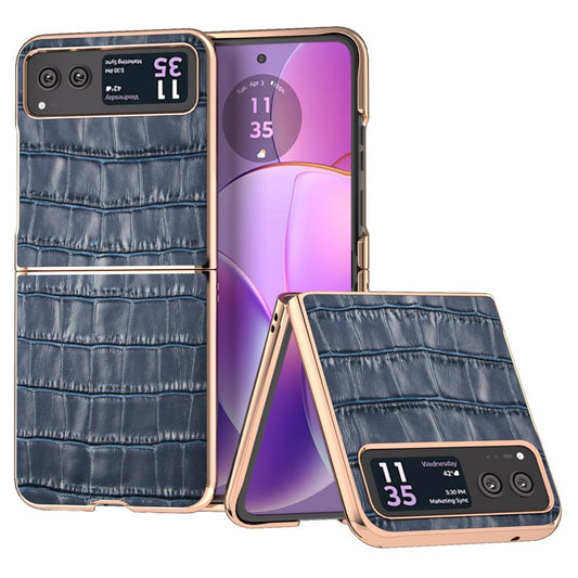 Back Cover for Motorola Razr 40 5G , Crocodile Texture Genuine Cow Leather + PC Nano Electroplating Phone Case - Blue
