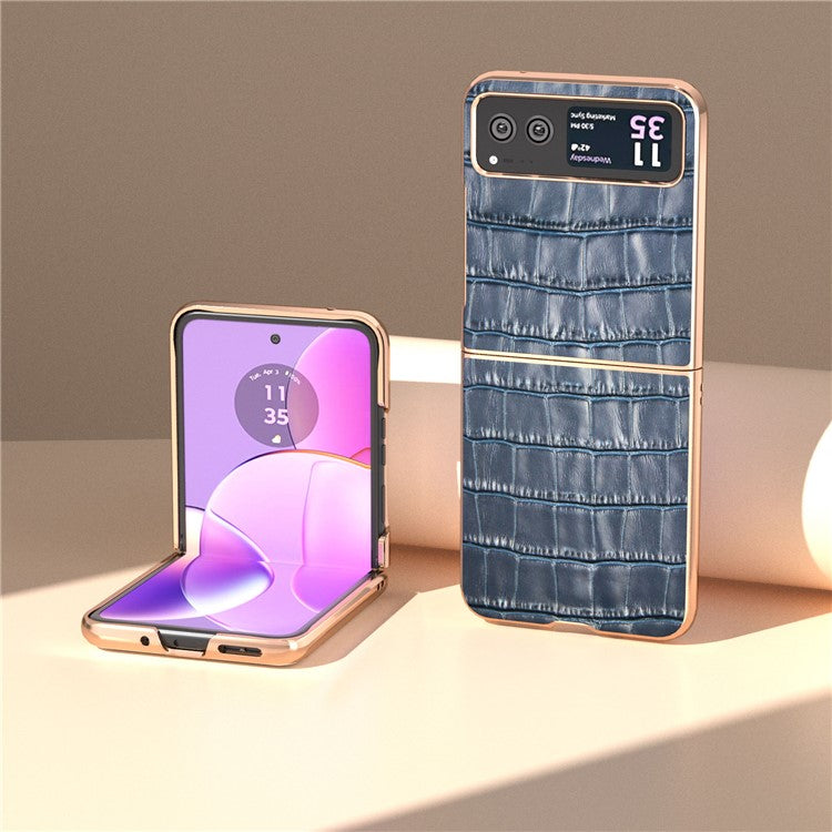 Back Cover for Motorola Razr 40 5G , Crocodile Texture Genuine Cow Leather + PC Nano Electroplating Phone Case - Blue