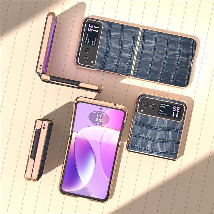 Back Cover for Motorola Razr 40 5G , Crocodile Texture Genuine Cow Leather + PC Nano Electroplating Phone Case - Blue