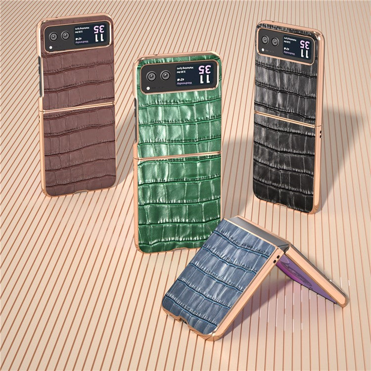 Back Cover for Motorola Razr 40 5G , Crocodile Texture Genuine Cow Leather + PC Nano Electroplating Phone Case - Blue