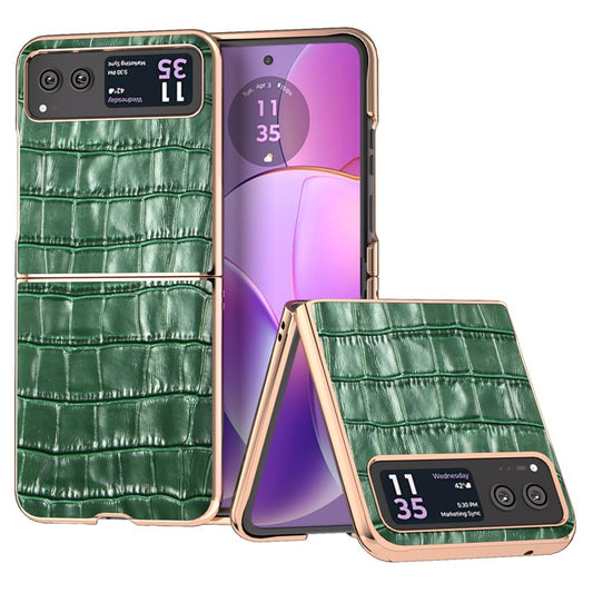 Back Cover for Motorola Razr 40 5G , Crocodile Texture Genuine Cow Leather + PC Nano Electroplating Phone Case - Green
