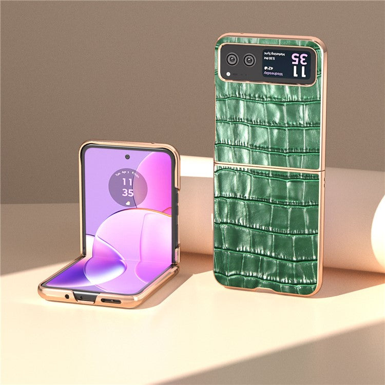 Back Cover for Motorola Razr 40 5G , Crocodile Texture Genuine Cow Leather + PC Nano Electroplating Phone Case - Green