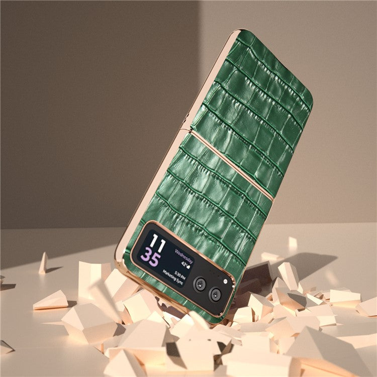 Back Cover for Motorola Razr 40 5G , Crocodile Texture Genuine Cow Leather + PC Nano Electroplating Phone Case - Green
