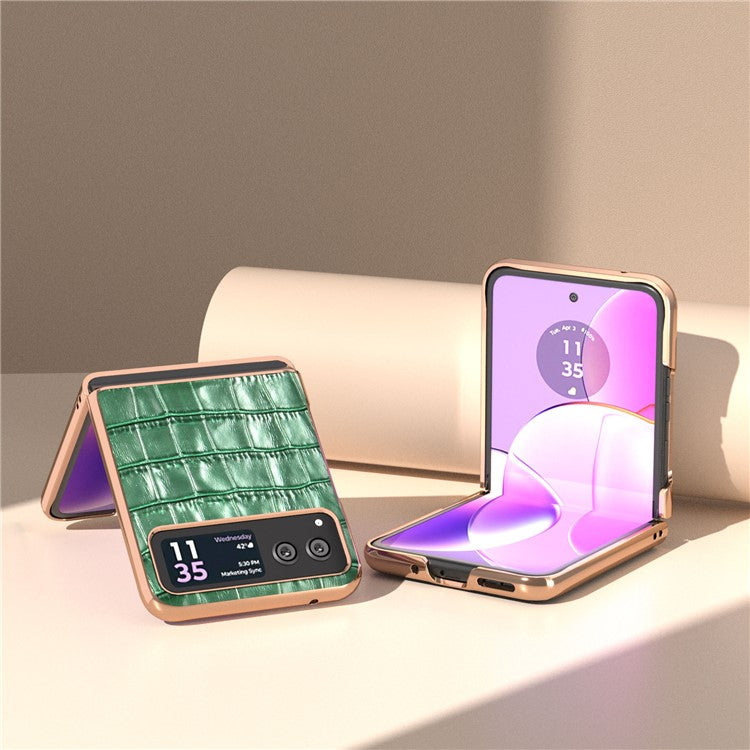 Back Cover for Motorola Razr 40 5G , Crocodile Texture Genuine Cow Leather + PC Nano Electroplating Phone Case - Green