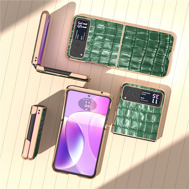 Back Cover for Motorola Razr 40 5G , Crocodile Texture Genuine Cow Leather + PC Nano Electroplating Phone Case - Green