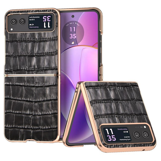 Back Cover for Motorola Razr 40 5G , Crocodile Texture Genuine Cow Leather + PC Nano Electroplating Phone Case - Black