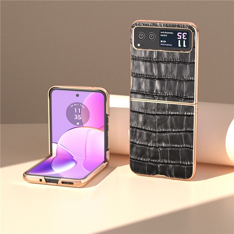 Back Cover for Motorola Razr 40 5G , Crocodile Texture Genuine Cow Leather + PC Nano Electroplating Phone Case - Black