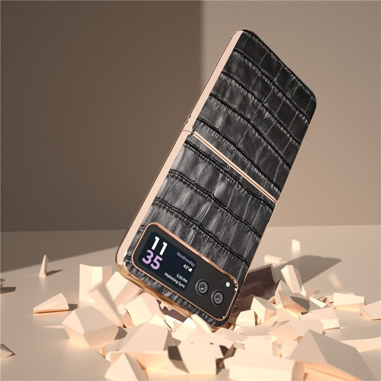 Back Cover for Motorola Razr 40 5G , Crocodile Texture Genuine Cow Leather + PC Nano Electroplating Phone Case - Black