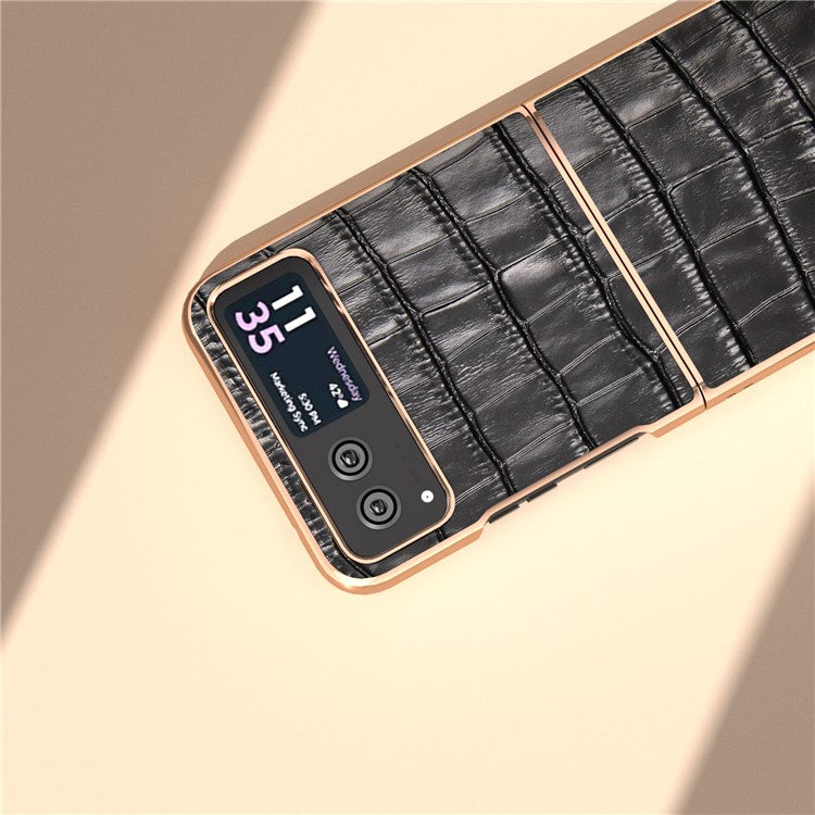Back Cover for Motorola Razr 40 5G , Crocodile Texture Genuine Cow Leather + PC Nano Electroplating Phone Case - Black