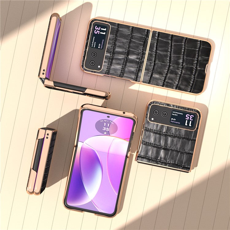 Back Cover for Motorola Razr 40 5G , Crocodile Texture Genuine Cow Leather + PC Nano Electroplating Phone Case - Black