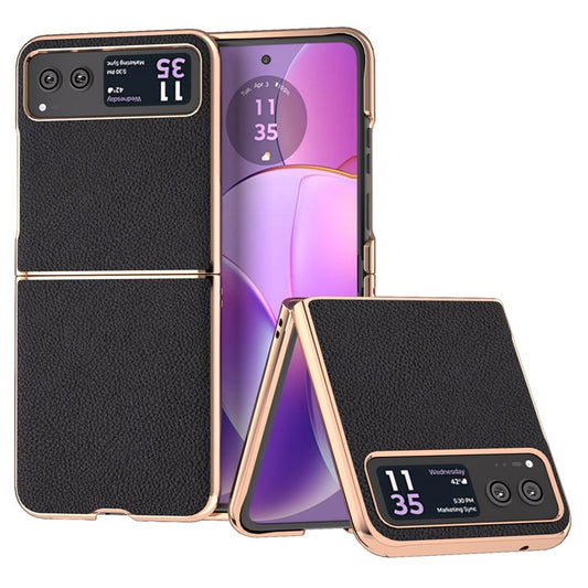 For Motorola Razr 40 5G Anti-fall Litchi Texture Phone Case Genuine Cow Leather + PC Nano Electroplating Cover - Black