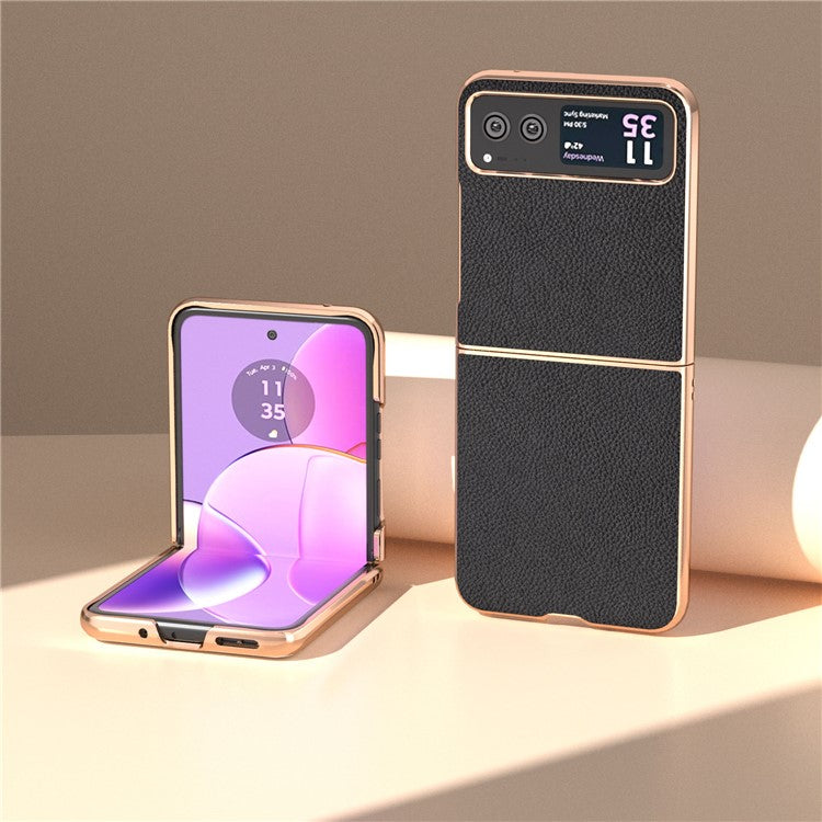 For Motorola Razr 40 5G Anti-fall Litchi Texture Phone Case Genuine Cow Leather + PC Nano Electroplating Cover - Black