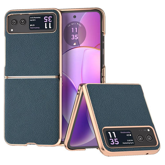 For Motorola Razr 40 5G Anti-fall Litchi Texture Phone Case Genuine Cow Leather + PC Nano Electroplating Cover - Green