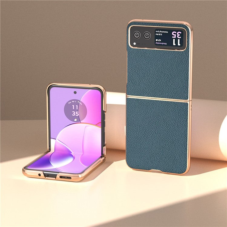 For Motorola Razr 40 5G Anti-fall Litchi Texture Phone Case Genuine Cow Leather + PC Nano Electroplating Cover - Green