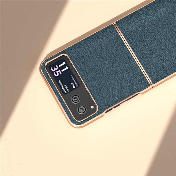 For Motorola Razr 40 5G Anti-fall Litchi Texture Phone Case Genuine Cow Leather + PC Nano Electroplating Cover - Green