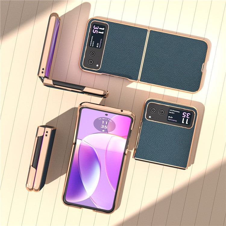 For Motorola Razr 40 5G Anti-fall Litchi Texture Phone Case Genuine Cow Leather + PC Nano Electroplating Cover - Green