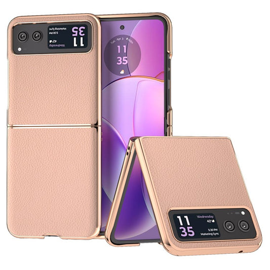 For Motorola Razr 40 5G Anti-fall Litchi Texture Phone Case Genuine Cow Leather + PC Nano Electroplating Cover - Gold