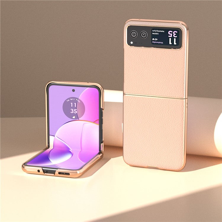 For Motorola Razr 40 5G Anti-fall Litchi Texture Phone Case Genuine Cow Leather + PC Nano Electroplating Cover - Gold