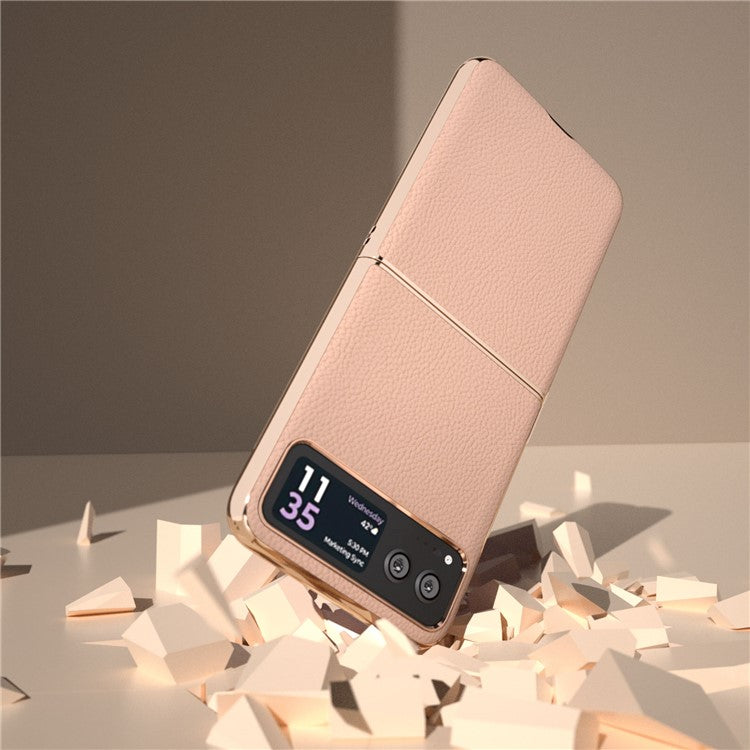 For Motorola Razr 40 5G Anti-fall Litchi Texture Phone Case Genuine Cow Leather + PC Nano Electroplating Cover - Gold