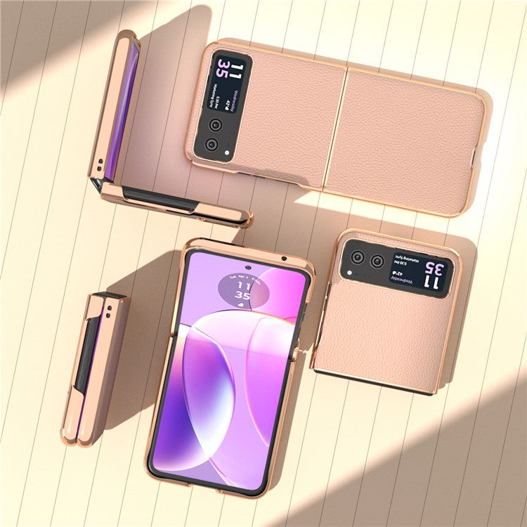 For Motorola Razr 40 5G Anti-fall Litchi Texture Phone Case Genuine Cow Leather + PC Nano Electroplating Cover - Gold