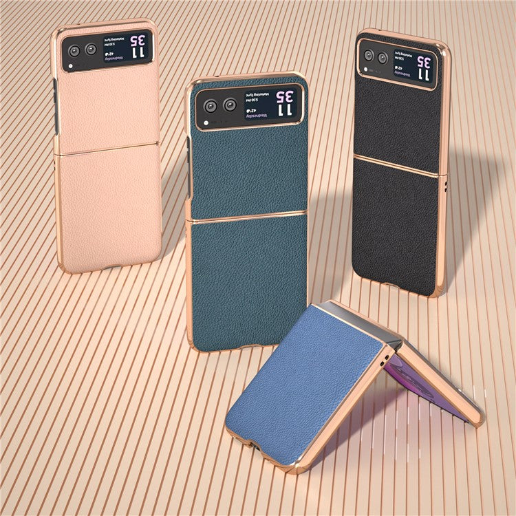 For Motorola Razr 40 5G Anti-fall Litchi Texture Phone Case Genuine Cow Leather + PC Nano Electroplating Cover - Gold