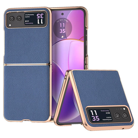 For Motorola Razr 40 5G Anti-fall Litchi Texture Phone Case Genuine Cow Leather + PC Nano Electroplating Cover - Blue