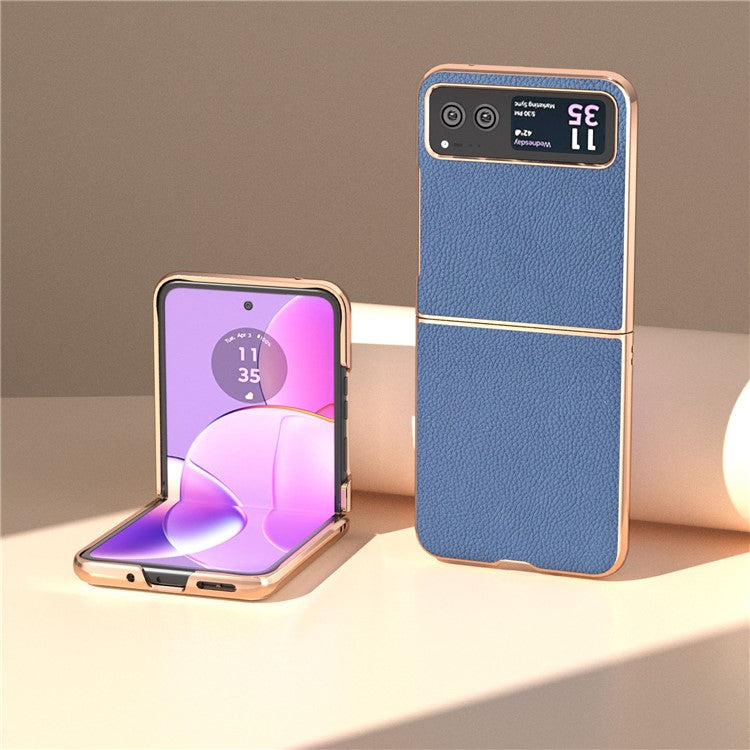 For Motorola Razr 40 5G Anti-fall Litchi Texture Phone Case Genuine Cow Leather + PC Nano Electroplating Cover - Blue