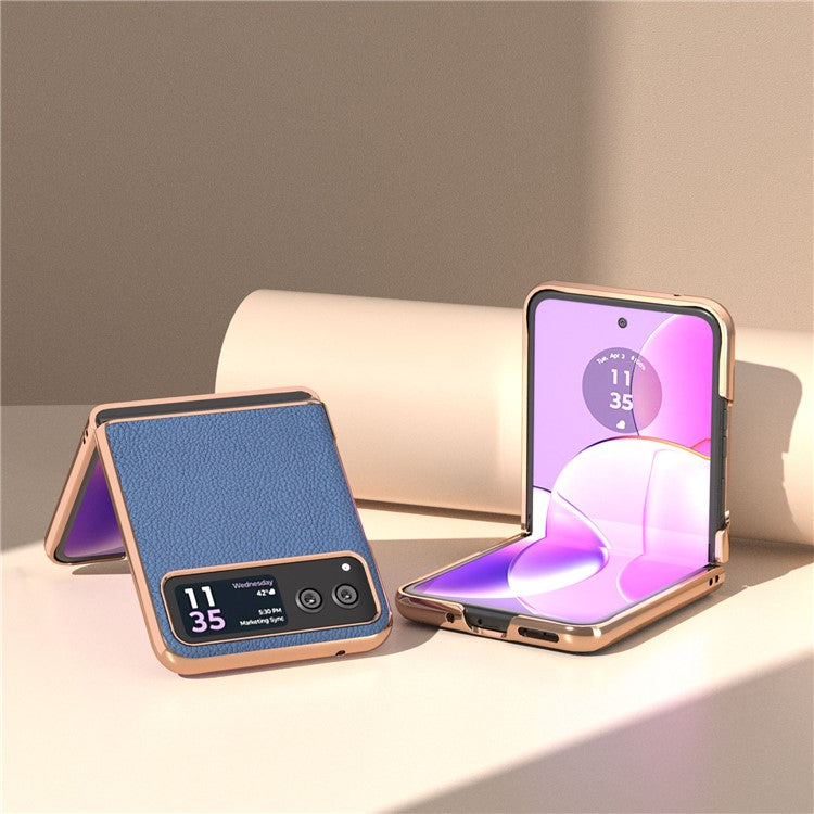 For Motorola Razr 40 5G Anti-fall Litchi Texture Phone Case Genuine Cow Leather + PC Nano Electroplating Cover - Blue