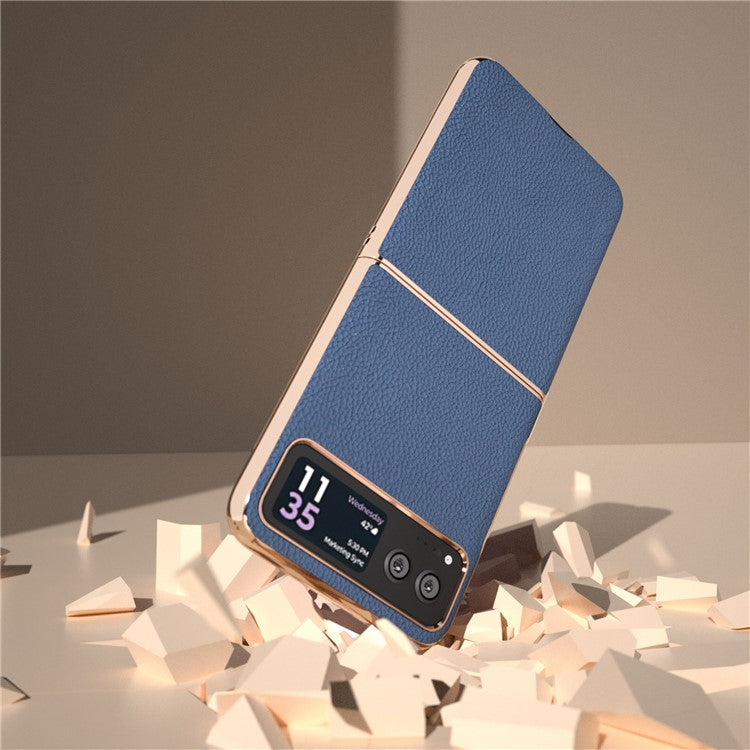 For Motorola Razr 40 5G Anti-fall Litchi Texture Phone Case Genuine Cow Leather + PC Nano Electroplating Cover - Blue
